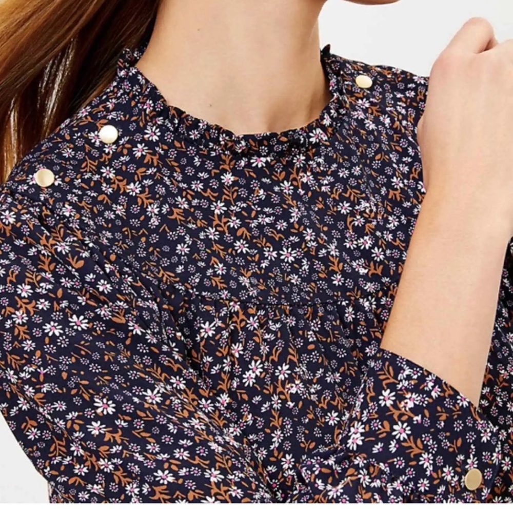Loft Floral Ruffle Neck Bib Blouse - Picture 2 of 9